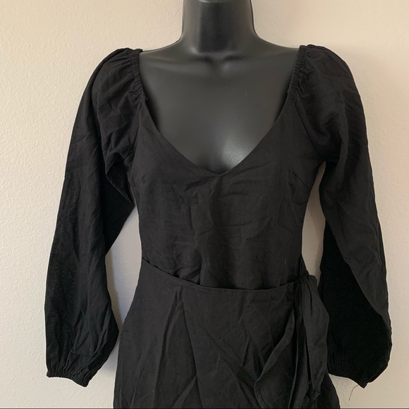 Princess Polly Kameron Black V Neck Tie Wrap Skirt Balloon Sleeve Mini Dress - Picture 5 of 10